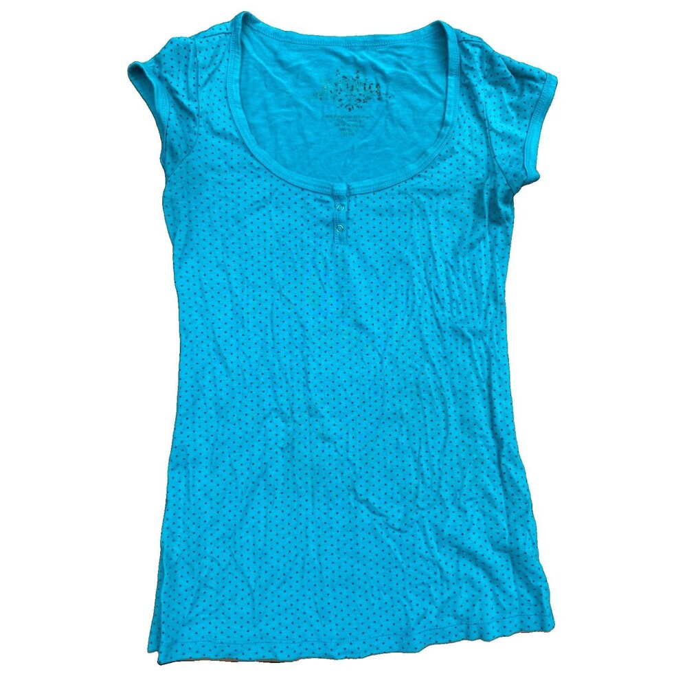 Teal Polka Dot Baby-Tee Vintage Y2K Short Sleeve 90s Button Scoop Neck Sz Small